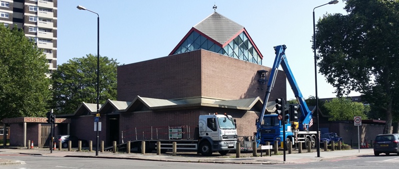large crane outside church